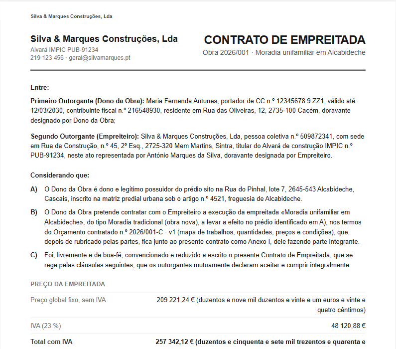 Documento de contrato de empreitada gerado pela Obrametria, com os outorgantes, os considerandos e o preço da empreitada por extenso.